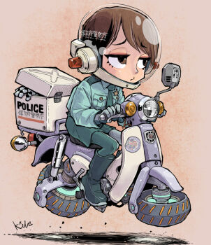 Rule 34 | 1girl, artist name, blue shirt, blue skirt, boots, breast pocket, brown eyes, brown hair, collared shirt, commentary request, full body, gloves, helmet, highres, hover bike, kanzaki ryouko, kiichi, long sleeves, milky subway, necktie, pocket, police, police uniform, raised eyebrows, riding, science fiction, shirt, skirt, solo, space helmet