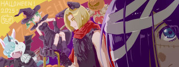 Rule 34 | 1other, 2boys, 2girls, :d, animal ears, ascot, bat wings, bibika 0803, black dress, black gloves, black hat, blonde hair, blue eyes, cat ears, choker, copyright name, dated, dress, fake animal ears, gloves, green eyes, green hair, hand fan, happy halloween, hat, highres, hirose natsuko, jack-o'-lantern, luke braveheart, memmeln (zenshuu), multiple boys, multiple girls, mummy costume, open mouth, purple hair, qj (zenshuu), scarf, smile, unio (zenshuu), vampire costume, white ascot, wings, witch, witch hat, zenshuu