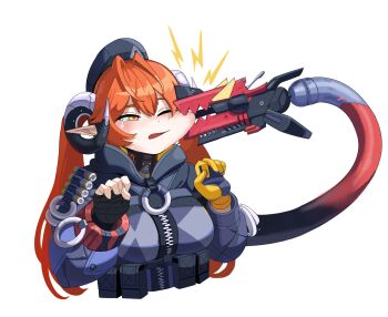 1girl biting breasts cheek_squash commentary_request dragon_girl dragon_horns face_squeeze fingerless_gloves gloves grabbing_another's_face green_eyes hair_between_eyes hat head_biting head_grab highres hood horns jacket long_hair magus_(zenless_zone_zero) mechanical_horns mechanical_tail orange_hair orange_pupils orphie_magnusson pointy_ears squeezing_cheeks stag1215 tail twintails zenless_zone_zero