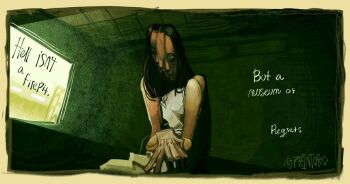 1girl backrooms_(2026_film) backrooms_(creepypasta) black_eyes black_hair border brown_border english_text indoors leaning_forward looking_down mary_kline pants printoro shirt sleeveless sleeveless_shirt solo spoilers still_life_(backrooms) yellow_pants