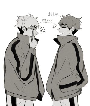 2boys anger_vein angry annoyed brothers claireiosity eyebrows fingernails haikyuu!! hands_in_pockets height_difference highres jacket leaning_forward long_sleeves looking_at_another making_faces male_focus miya_atsumu miya_osamu monochrome multicolored_hair multiple_boys open_mouth pale_skin pants parted_lips profile scowl short_hair siblings three-quarter_sleeves smile smirk sportswear standing teeth tongue tongue_out track_jacket track_pants track_suit twins two-tone_hair undercut white_background