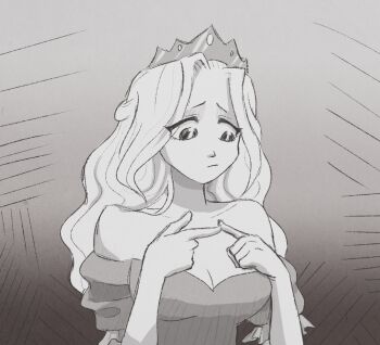 1girl :c averting_eyes breasts cleavage detached_sleeves dress grey_background greyscale index_fingers_together large_breasts light_frown long_hair magua-vida monochrome nervous princess_(slay_the_princess) princess_dress puffy_detached_sleeves puffy_sleeves raised_inner_eyebrows short_sleeves simple_background slay_the_princess the_damsel_(slay_the_princess) tiara wavy_hair