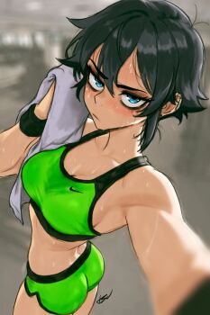 1girl absurdres ass black_hair blue_eyes blush breasts cleavage collarbone green_shorts green_sports_bra gym_shorts highres huge_ass just_do_it_(meme) large_breasts meme nike_(company) original self-upload short_hair short_shorts shorts sports_bra sweat sweatband teasing thighs towel tsuicaa wristband