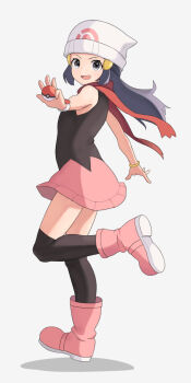 1girl beanie blue_hair boots bracelet dawn_(pokemon) dress full_body grey_eyes hat hiyoshipow holding holding_poke_ball jewelry nintendo open_mouth pink_boots poke_ball poke_ball_print pokemon pokemon_dppt red_scarf scarf simple_background sleeveless sleeveless_dress smile solo standing standing_on_one_leg white_hat