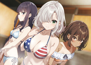>:) 3girls american_flag american_flag_bikini american_flag_print antenna_hair bikini black_eyes black_hair bob_cut breasts brown_eyes brown_hair cleavage closed_mouth dark_skin dutch_angle flag_print flag_print_bikini frilled_bikini frills green_eyes grey_hair hair_over_one_eye halterneck hand_up highres indoors leaning_forward long_hair long_sidelocks medium_breasts multiple_girls navel novel_illustration o3o official_art print_bikini side-tie_bikini_bottom sidelocks sideways_glance siokazunoko small_breasts steam stomach strapless strapless_bikini string_bikini swimsuit tan tanline tennouzu_ami tennouzu_futaba tennouzu_ichiya tensai_bishoujo_san_shimai_wa_isourou_ni_dake_choro_kawaii third-party_source v-shaped_eyebrows v_arms