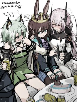 ... 1other 3girls absurdres alcohol amiya_(arknights) animal_ear_fluff animal_ears arknights beer black_horns black_jacket black_pantyhose blue_eyes blue_skirt blush brown_hair cake can cat_ears cat_girl closed_eyes commentary criss-cross_halter crown dated demon_girl demon_horns doctor_(arknights) dress drunk english_commentary extra_ears food green_dress green_eyes green_hair halterneck highres horns jacket jewelry kal'tsit_(arknights) miniskirt multiple_girls multiple_rings nose_blush open_mouth pantyhose pink_hair plaid_clothes plaid_skirt rabbit_ears rabbit_girl ring short_dress sitting skirt speech_bubble spoken_ellipsis theresa_(arknights) whate=3r white_dress