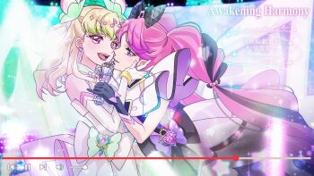 2girls bare_arms bare_shoulders black_gloves black_hair blonde_hair blunt_bangs braid bubble_skirt choker cure_kiss cure_zukyuun dress earrings elbow_gloves eyelashes face-to-face fortissimo gingham gingham_dress gloves glowing glowing_lines green_hair hair_ornament hair_ribbon hair_tie hair_wings half_gloves hand_on_another&#039;s_face heart-shaped_lock highres holding holding_lightstick holding_weapon idol jewelry kimi_to_idol_precure long_hair mature_female meroron_(civilian)_(precure) meroron_(precure) multiple_earrings multiple_girls music musical_note musical_note_hair_ornament neon_lights neon_trim open_mouth parted_bangs pearl_earrings pi_to_lily pink_eyes pink_hair precure puffy_dress puffy_sleeves purirun_(civilian)_(precure) purirun_(precure) purple_dress purple_eyes ribbon ribbon-trimmed_gloves ribbon_choker ribbon_trim screen short_dress profile sideways_glance singing skirt stage stage_lights star_(symbol) twin_braids twintails upper_body very_long_hair video_thumbnail watermark weapon white_dress white_gloves wing_hair_ornament wrist_cuffs youtube