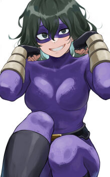 1girl absurdres bodysuit boku_no_hero_academia breasts domino_mask eye_mask fengling_(furin-jp) fingerless_gloves gloves green_eyes green_hair grin hair_between_eyes highres large_breasts long_hair looking_at_viewer mask open_mouth purple_mask sharp_teeth smile solo superhero_costume teeth tokage_setsuna