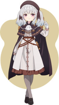 1girl anime_coloring ascot belt beret black_shoes blush brown_background brown_belt brown_cloak brown_hat brown_ribbon cloak closed_mouth collared_cloak dress frilled_dress frills full_body gloves grey_hair grey_pantyhose hair_ribbon hand_up hat lack loafers long_hair long_sleeves looking_at_viewer official_art pantyhose prima_doll_(anime) red_eyes retzel_(prima_doll) ribbon shoes smile solo standing twintails two-tone_background white_ascot white_background white_dress white_gloves