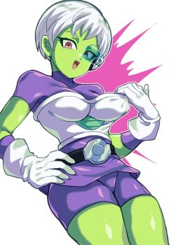 1girl :d absurdres armor belt black_belt bracelet breasts cheelai colored_skin commentary_request cowboy_shot dragon_ball dragon_ball_super dragon_ball_super_broly gloves green-tinted_eyewear green_skin hand_on_own_hip highres jewelry looking_at_viewer medium_breasts open_mouth otyumamii pink_background pink_eyes pixie_cut purple_shirt purple_shorts scouter shirt short_hair shorts smile solo stretch_action tinted_eyewear white_armor white_background white_gloves white_hair