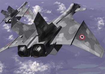 aircraft airplane blue_sky camouflage canards cloud commentary_request fighter_jet firefox_(movie) flying highres mig-31_firefox military_vehicle no_humans original realistic redesign roundel science_fiction sky tyokugekidato vehicle_focus