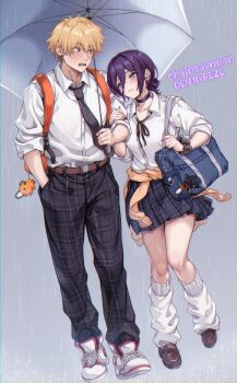 1boy 1girl absurdres alternate_costume bag black_hair black_necktie black_pants black_ribbon blonde_hair blush bomb_devil_(chainsaw_man) brown_shoes cardigan cardigan_around_waist chainsaw_man character_charm character_name charm_(object) clothes_around_waist collarbone copyright_name denji_(chainsaw_man) ear_piercing earrings full_body grey_umbrella gyaru hair_between_eyes hetero highres jewelry kogal light_smile loafers locked_arms long_hair_between_eyes looking_at_another loose_socks miniskirt neck_ribbon necktie open_collar pants piercing plaid_clothes plaid_pants plaid_skirt pleated_skirt pochita_(chainsaw_man) rain reze_(chainsaw_man) ribbon school_bag school_uniform scrunchie shared_umbrella sharp_teeth shashaki shoes skirt sneakers socks teeth umbrella white_shoes white_socks wrist_scrunchie yellow_cardigan
