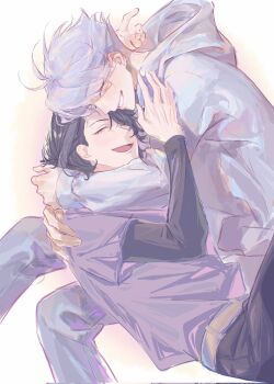 2boys arms_around_neck belt black_hair black_pants chinese_commentary closed_eyes commentary_request couple eyes_visible_through_hair facing_another grey_belt grey_hair grey_shirt grin highres hood hoodie hug layered_sleeves lllanxi long_sleeves male_focus mole mole_above_eye mole_under_eye multiple_boys multiple_moles nice_(to_be_hero_x) open_mouth pants shirt short_hair short_over_long_sleeves short_sleeves simple_background smile to_be_hero to_be_hero_x white_background white_hoodie wreck_(to_be_hero_x) yaoi