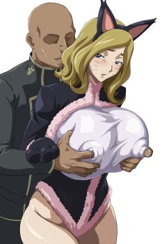 1girl alternate_costume black_leotard breasts code_geass curvy grabbing_another's_breast groping hetero highres huge_breasts iwao178 leotard long_hair milly_ashford nipple_stimulation nipples_visible_through_shirt official_alternate_costume wide_hips