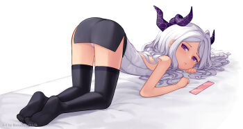 1girl all_fours ass batazungharn bed bed_sheet black_skirt black_thighhighs blue_archive commentary_request demon_girl demon_horns forehead halo highres hina_(blue_archive) horns long_hair looking_at_viewer no_shoes official_alternate_costume parted_bangs pencil_skirt ponytail purple_eyes ruler shirt side_slit sidelocks skirt sleeveless sleeveless_shirt soles solo thighhighs top-down_bottom-up white_background white_hair white_shirt