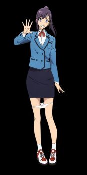 asymmetrical_bangs black_background blazer blue_blazer bow breasts dress_shirt eyebrows eyelashes highres jacket legs long_bangs long_hair mature_male palms panties panties_around_leg panty_pull pencil_skirt ponytail purple_eyes purple_hair red_bow school_uniform shirt skirt small_breasts smile socks solo_leveling standing sung_jin-ah teeth tennis_shoes third-party_edit tilted_head uemiko6 underwear waving