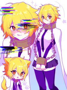 1girl 8ta_crows animal_ears black_necktie black_thighhighs blonde_hair commentary_request don_quixote_(project_moon) fox_ears fox_girl fox_tail hair_between_eyes highres limbus_company medium_hair necktie project_moon shirt simple_background tail thighhighs thighs white_background white_shirt yellow_eyes yellow_tail