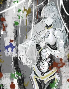 1girl abstract_background albina_(project_moon) android black_eyes cable_hair closed_mouth commentary grey_background grey_hair gyeongbin162049 heterochromia high_ponytail highres limbus_company long_hair looking_at_viewer paint ponytail project_moon solo standing very_long_hair white_eyes