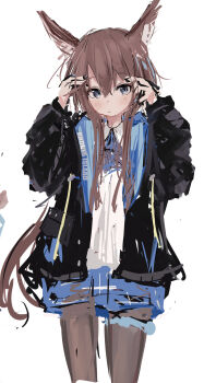 Rule 34 | 1girl, absurdres, amiya (arknights), animal ear fluff, animal ears, arknights, ascot, black jacket, black pantyhose, blue ascot, blue eyes, blue skirt, blush, brown hair, collared shirt, commentary request, cowboy shot, hair between eyes, highres, ichiha (ichi u2), jacket, long hair, long sidelocks, long sleeves, looking at viewer, open clothes, open jacket, pantyhose, shirt, sidelocks, skirt, solo, standing, tail, thigh strap, white background, white shirt