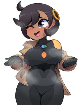 1girl black_hair blush bodysuit breasts dark-skinned_female dark_skin drawmatt emma_(pokemon) jacket large_breasts long_sleeves looking_to_the_side nintendo one_eye_closed plump pokemon pokemon_legends:_z-a purple_eyes short_hair white_background