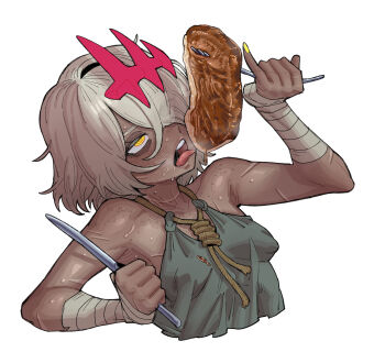 1girl bandaged_hand bandages blush breasts chinese_text commentary_request dark-skinned_female dark_skin eating ebonyxh eyes_visible_through_hair eylin_eyla_(ebonyxh) facial_scar food food_focus food_on_face fork freckles hair_over_one_eye highres holding holding_food holding_fork holding_knife knife meat noose open_mouth original pinky_out ringed_eyes rope_around_neck scar scar_on_arm scar_on_cheek scar_on_chest scar_on_face scar_on_hand scar_on_neck short_hair simple_background small_breasts solo steam sweat teeth tongue upper_teeth_only white_background white_hair yellow_eyes yellow_nails
