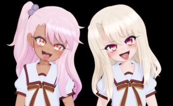2girls 3d black_background blonde_hair blush chloe_von_einzbern dark-skinned_female dark_skin dot_nose drooling fate/kaleid_liner_prisma_illya fate_(series) female_focus gs-mantis hair_bobbles hair_ornament highres illyasviel_von_einzbern loli long_hair looking_at_viewer multiple_girls naughty_face open_mouth orange_eyes pink_hair red_eyes saliva school_uniform short_sleeves side_ponytail simple_background smile teeth tongue tongue_out upper_body upper_teeth_only