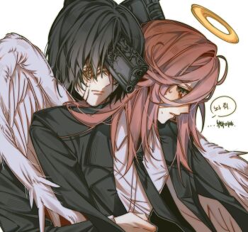 Rule 34 | 2boys, absurdres, angel, angel devil (chainsaw man), angel wings, black jacket, black necktie, black suit, blood, blood on face, chainsaw man, closed mouth, collared shirt, feathered wings, formal clothes, gun, gun devil (chainsaw man), hair between eyes, halo, hayakawa aki, highres, hug, hug from behind, jacket, korean commentary, korean text, long hair, male focus, monster, multiple boys, necktie, pb 0up4, shirt, suit, suit jacket, sweat, traditional halo, translation request, weapon, white background, white shirt, white wings, wings