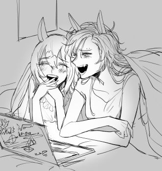 Rule 34 | 2girls, ^ ^, air shakur (umamusume), animal ears, asymmetrical bangs, bare arms, bare shoulders, blush, breasts, cleavage, closed eyes, collarbone, commentary request, computer, crossed arms, eyelashes, eyes visible through hair, face piercing, fang, fine motion (umamusume), forehead piercing, frilled shirt, frills, furrowed brow, gi! (desukaru02518 u), greyscale, hair between eyes, happy, highres, horse ears, horse girl, laptop, laughing, lying, messy hair, monochrome, multicolored hair, multiple girls, on bed, on stomach, open mouth, own hands together, piercing, pointy nose, shirt, short hair, sleeveless, sleeveless shirt, smile, streaked hair, tearing up, teeth, umamusume, under covers, upper body, window