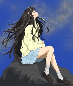 1girl alternate_costume black_hair black_shoes blue_skirt brown_eyes commentary_request from_side full_body gogottu2000 loafers long_hair long_sleeves looking_up make_heroine_ga_oo_sugiru! night nukumizu_kaju on_rock outdoors pleated_skirt profile rock shoes skirt sky socks solo star_(sky) starry_sky sweater white_socks yellow_sweater