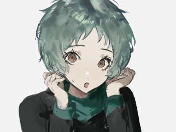 1girl :o aqua_hair aqua_shirt black_jacket brown_eyes commentary_request gekkoukan_high_school_uniform hands_up hashtag-only_commentary jacket k1kiwa looking_at_viewer open_mouth persona persona_3 portrait school_uniform shirt short_hair simple_background solo sweatdrop white_background yamagishi_fuuka