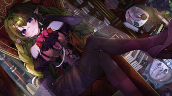 1girl argyle_clothes argyle_pantyhose bare_shoulders black_pantyhose blush bookshelf braid breasts character_doll chirou_(osu!) clothing_cutout contest_winner crossed_bangs crossed_legs d20_(die) dice doll dutch_angle earrings foot_out_of_frame frown green_hair high_heels highres holding holding_sword holding_weapon jewelry light_particles long_hair maynare medium_breasts mocha_(osu!) osu! pantyhose pippi_(osu!) pointy_ears polyhedral_dice purple_eyes second-party_source shoulder_cutout sitting sitting_on_throne solo sparkle_hair_ornament sword throne twin_braids unmoving_pattern very_long_hair weapon