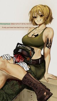 1boy 1girl 4chan arm_support arm_tattoo artist_name asphyxiation azov_battalion bare_arms between_thighs black-framed_eyewear bleeding blonde_hair blood blood_on_clothes blood_on_face blood_stain blush boots breast_tattoo breasts brown_boots brown_eyes camouflage camouflage_headwear camouflage_jacket chest_tattoo choke_hold collarbone combat_helmet cope_cage crop_top cross cross_necklace cross_tattoo crying crying_with_eyes_open dated digital_camouflage emr_camouflage feet_out_of_frame footwear_focus glasses goggles goggles_on_headwear green_jacket green_shorts green_sports_bra grin hair_between_eyes head_between_knees helmet highres jacket jewelry lace-up_boots large_breasts latin_cross long_bangs marichka medium_hair meme midriff military_jacket military_uniform necklace original person_between_thighs politics rectangular_eyewear ribbon_of_saint_george russian_ground_forces russo-ukrainian_war shorts simple_background sitting smile soldier soyjak sports_bra strangling streaming_tears tattoo tears teeth timestamp triangle_choke tryzub upper_teeth_only usergore white_background wojak z_(russian_symbol)