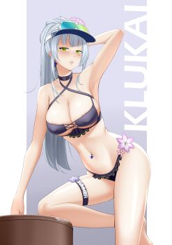 1girl absurdres arm_behind_head bikini black_bikini blue_hair blush breasts character_name cleavage commentary cross cross-laced_bikini cross-laced_clothes earrings facepaint flower frilled_bikini frills girls'_frontline girls'_frontline_2:_exilium green_eyes hair_flower hair_ornament half-closed_eyes highres hk416_(girls'_frontline) iron_cross jewelry just98 klukai_(cerulean_breaker)_(girls'_frontline_2) klukai_(girls'_frontline_2) large_breasts leaning_forward long_hair navel navel_piercing nipple_slip nipples piercing pink_flower ponytail revision solo stomach swimsuit teardrop thigh_strap thighs very_long_hair visor_cap