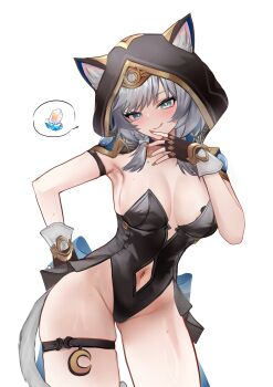 1girl absurdres alternate_costume animal_ear_hood animal_ears black_hood black_leotard breasts breasts_apart brown_gloves cat_ears cat_girl cat_tail cipher_(honkai:_star_rail) closed_mouth clothing_cutout contrapposto cowboy_shot fake_animal_ears fingerless_gloves fingernails gloves grey_eyes grey_hair hand_on_own_hip hand_up highres honkai:_star_rail honkai_(series) hood hood_up large_breasts leotard looking_at_viewer navel navel_cutout simple_background smile solo speech_bubble stellar_jade strapless strapless_leotard tail thigh_strap wawamachi white_background