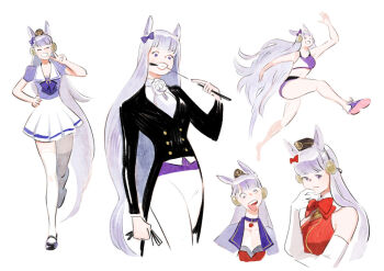 1950s_(style) 1girl alternate_costume animal_ears bow bowtie breasts bridal_gauntlets garrison_cap gold_ship_(umamusume) grey_hair hair_ornament hat horse_ears horse_girl jacket lalage long_hair making_faces mary_janes medium_breasts purple_eyes riding_crop running school_uniform shoes suit_jacket swimsuit thighhighs tongue tongue_out tracen_school_uniform umamusume