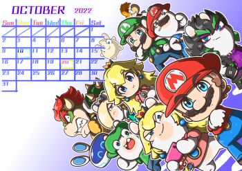 2022 3girls 6+boys ^_^ absurdres animal_ears armlet asymmetrical_bangs asymmetrical_hair beep-0 black_eyes black_footwear black_gloves black_hair black_jacket black_shorts blonde_hair blue_background blue_dress blue_eyes blue_gemstone blue_overalls bowser brooch brown_hair buttons newsboy_cap calendar_(medium) cellphone charisuke charm_(object) chibi clenched_teeth closed_eyes closed_mouth collar collared_dress collared_shirt colored_tips commentary_request crossed_arms crown dated dress dutch_angle earrings edge_(mario_+_rabbids) elbow_gloves everyone eyelashes eyeshadow facial_hair fingerless_gloves floating_earrings frilled_collar frills frown gem gloves gold_earrings gold_headwear gradient_background green_hair green_shirt grey_headwear hair_over_one_eye half-closed_eyes hand_on_own_chin hand_on_own_face hand_on_own_hip hands_in_pockets hat highres holding holding_phone horns jacket jewelry light_blush long_bangs long_hair long_sleeves luigi makeup mario mario_(series) mario_+_rabbids_sparks_of_hope mascara mini_crown mouth_hold multicolored_hair multiple_boys multiple_girls mustache nintendo october open_clothes open_jacket orange_hair overalls phone pink_dress princess princess_peach puffy_sleeves purple_eyeshadow purple_shirt rabbid rabbid_luigi rabbid_luma rabbid_mario rabbid_peach rabbid_rosalina rabbit_ears raving_rabbids rayman rayman_(series) red_hair red_headwear red_shirt sharp_teeth shirt shoes short_hair shorts sideways_hat smartphone smile smirk sparkle sphere_earrings spiked_armlet spiked_hair spiked_shell stalk_in_mouth star_(symbol) star_brooch star_earrings teeth thick_eyebrows v-shaped_eyes white_background white_gloves white_horns zipper