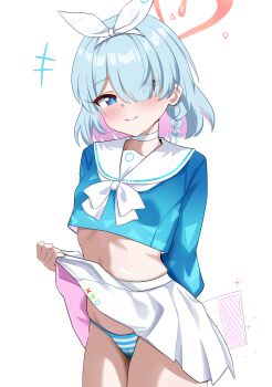 1girl absurdres arona_(blue_archive) blue_archive blue_eyes blue_hair blue_serafuku breasts choker clothes_lift colored_inner_hair commentary_request halo hci+ highres lifting_own_clothes looking_at_viewer midriff multicolored_hair panties pink_hair pink_halo sailor_collar school_uniform serafuku short_hair skirt skirt_lift small_breasts smile solo striped_clothes striped_panties two-tone_hair underwear white_background white_choker white_sailor_collar