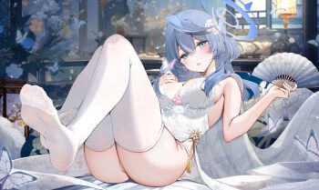 1girl ako_(blue_archive) blue_archive blue_eyes blue_hair blush feet hand_fan highres long_hair looking_at_viewer panties pantyshot parted_lips see-through_clothes see-through_legwear soles thighhighs toes underwear white_thighhighs yukineko1018