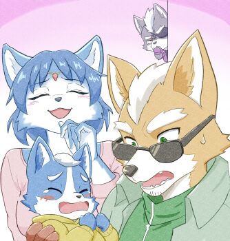 1girl 3boys animal_ears baby blue_fur crying eyepatch family fox fox_ears fox_mccloud furry furry_female furry_male green_eyes grey_fur husband_and_wife jewelry krystal marcus_mccloud multiple_boys nintendo orange_fur sunglasses voitman2024 wolf_o'donnell