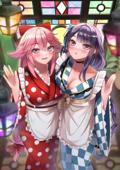 2girls alternate_costume animal_ears artist_name blurry blurry_background blush bow breasts choker cleavage collarbone commentary couple depth_of_field fox_ears fox_girl genshin_impact hair_between_eyes hair_bow hand_up head_tilt highres huge_breasts japanese_clothes kimono lantern lemon_t long_hair long_sleeves looking_at_viewer mole mole_under_eye multiple_girls nose_blush open_mouth pink_hair purple_eyes purple_hair raiden_shogun standing twitter_username wide_sleeves window yae_miko yuri