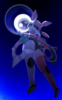 Rule 34 | 1girl, aria (zenless zone zero), black hair, blue background, blush, bow, commentary, fairy (zenless zone zero), from below, full body, gradient background, green bow, highres, multicolored hair, open mouth, pink hair, quad tails, red thighhighs, reflection, robot girl, signature, single thighhigh, solo, thighhighs, zenless zone zero, zeroartwo