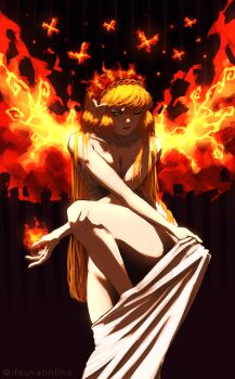 1girl ardor_blossom_star_(e.g.o) bow breasts bug butterfly cleavage completely_nude convenient_arm convenient_censoring convenient_leg e.g.o_(project_moon) fiery_wings fire hairband highres horizon insect ishmael_(project_moon) itsukaonline knee_up limbus_company medium_breasts nude one_eye_closed parted_lips project_moon pyrokinesis solo undressing white_bow wings