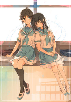 Rule 34 | 2girls, bag, black hair, black socks, blue eyes, blue hair, blue neckerchief, blue sailor collar, blue skirt, blush, closed eyes, closed mouth, commentary request, hibike! euphonium, highres, instrument case, kasaki nozomi, kitauji high school uniform, kneehighs, leaning on person, leaning to the side, long hair, multiple girls, neckerchief, parted lips, pleated skirt, ponytail, sailor collar, sawara65, school bag, school uniform, serafuku, shirt, short sleeves, sitting, skirt, smile, socks, white shirt, white socks, yoroizuka mizore