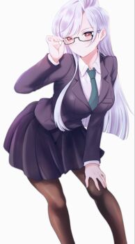 Rule 34 | adjusting eyewear, bespectacled, black-framed eyewear, black jacket, black skirt, blazer, blunt ends, breasts, brown pantyhose, collared shirt, doublemengu, eiai nano, feet out of frame, glasses, green necktie, grey hair, hand on own knee, hashtag-only commentary, highres, jacket, kimi no koto ga dai dai dai dai daisuki na 100-nin no kanojo, large breasts, leaning forward, long hair, necktie, ohananomitsu high school uniform, pantyhose, pleated skirt, red eyes, school uniform, semi-rimless eyewear, shirt, simple background, skirt, swept bangs, under-rim eyewear, white background, white shirt