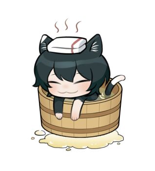1girl :3 animal_ears barrel bathing black_fur black_hair body_fur cat_ears cat_girl cat_tail chibi chibi_only closed_eyes commentary_request dungeon_meshi izutsumi korean_commentary mayo_(mayo88meshi) short_hair simple_background smile solo tail towel towel_on_head two-tone_tail white_background