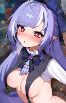 1girl ahoge areola_slip blush bow breast_curtains breasts center_frills covered_erect_nipples frills gem heart heart-shaped_pupils long_hair long_sleeves medium_breasts mole mole_under_eye multicolored_hair open_mouth pointy_ears purple_bow purple_gemstone purple_hair red_eyes shrug_(clothing) solo sweat symbol-shaped_pupils topu vivian_banshee white_hair white_shrug zenless_zone_zero
