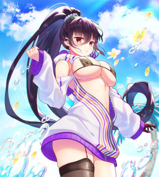 asymmetrical_legwear bare_shoulders bikini black_bikini black_leggings commentary_request flower gloves hair_ornament hair_scrunchie highres hood hood_down hoodie jacket leggings long_hair long_sleeves looking_at_viewer mutsu-no-kami_yoshiyuki_(tenka_hyakken) okanoyuno open_clothes open_jacket open_mouth oversized_clothes palm_tree partially_unzipped personification ponytail purple_hair purple_trim red_eyes red_gloves scrunchie sidelocks single_glove single_thighhigh sky striped_clothes sweater swimsuit tenka_hyakken thighhighs tree water_drop