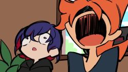 1boy 1girl animated audible_music audible_speech black_hoodie blue_hair boombox clenched_teeth closed_eyes closed_mouth day fainting hair_between_eyes headbanging hood hood_down hoodie long_hair multicolored_hair music open_mouth orange_hair original plant ponytail red_hair shaded_face shirt sound takarai_shunsuke teeth thumbs_up upper_body video window