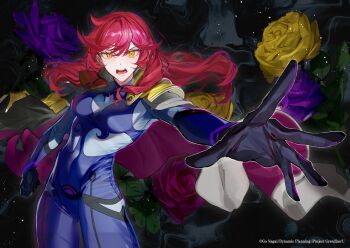 1girl black_gloves bodysuit breasts cape commentary_request gloves grendizer_u long_hair looking_at_viewer mazinger_(series) official_art open_mouth red_hair teronna_aqua_vega ufo_robo_grendizer yellow_eyes