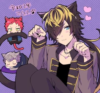 Rule 34 | 3boys, :3, aimono jyushi, amaguni hitoya, animal ear piercing, animal ears, bad ass temple, biting another's tail, black hair, black pants, black shirt, blonde streaks, blue eyes, brown hair, cat boy, cat day, cat ears, cat tail, chibi, collarbone, dated, diagonal-striped background, fang, fujisaki (ofuton division), furrowed brow, grey jacket, hair over one eye, harai kuko, heart, hypnosis mic, jacket, light blush, long hair, looking at viewer, looking down, male focus, mole, mole under eye, multiple boys, pants, paw pose, red hair, shirt, sleeping, striped background, tail, yellow trim